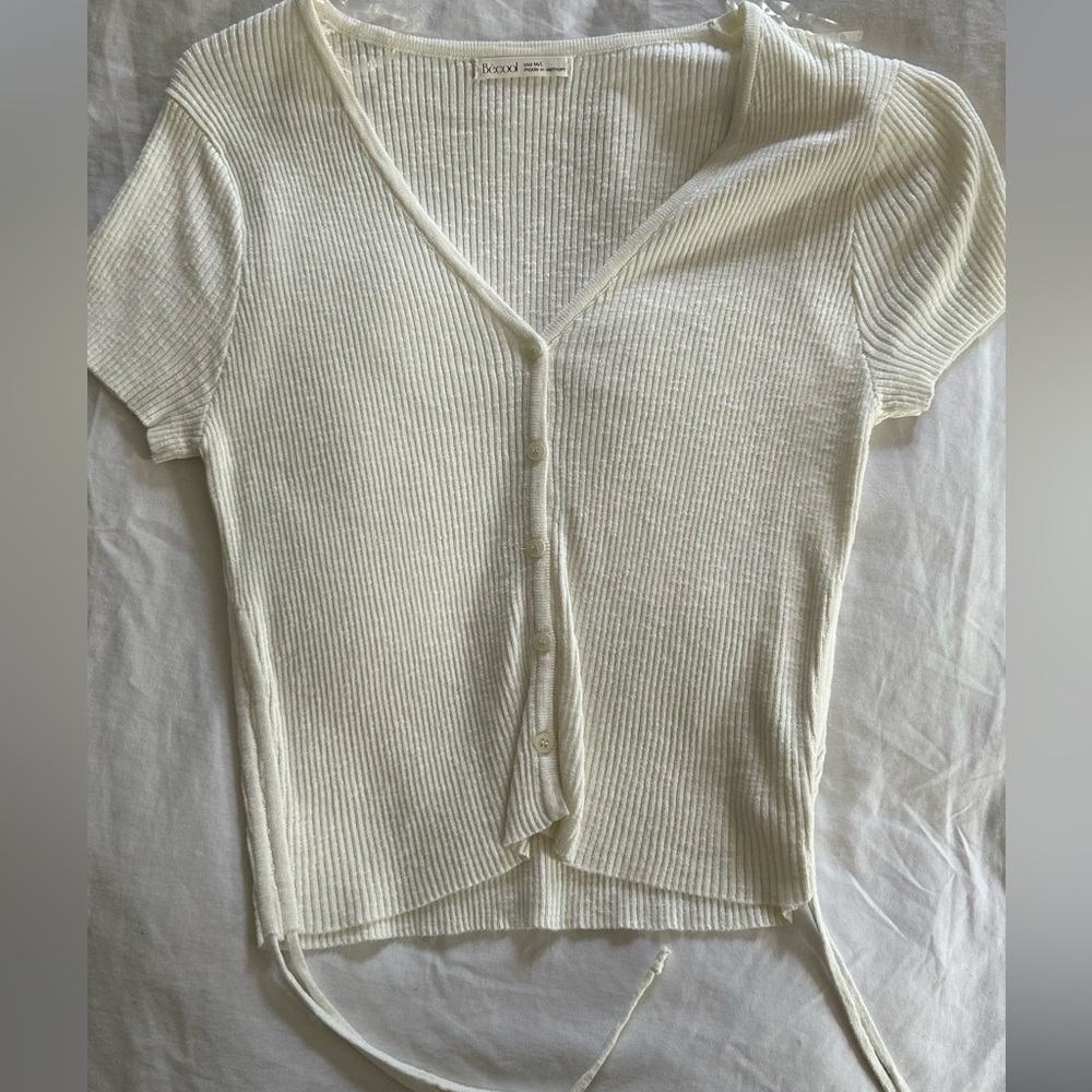 BeCool Women's Cream Ribbed Button-Up Crop Top